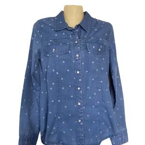 Roxy Western Shirt Polka Dot Denim Pearl Snap Front Pockets Cowgirl Farmcore Sm